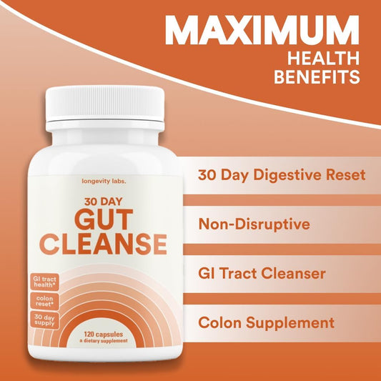 30 Day Gut Cleanse Detox | Advanced Fiber Colon Cleanse To Ease Bowel Movement W/Psyllium Husk & Flaxseed | Reset, Weight Flush & Gut Detox