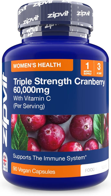 Zipvit Triple Strength Cranberry 60,000Mg, High Strength Cranberry Extract With Vitamin C, 90 Vegan Capsules For Immune Support, 1 Month Supply, Supplement For Men & Women