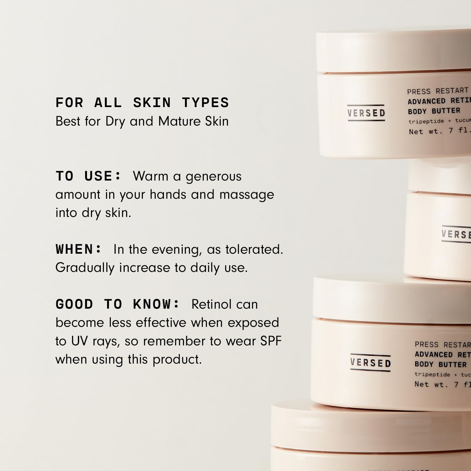 Versed Press Restart Advanced Retinol Body Butter - Encapsulated Retinol Body Lotion & Skin Firming Cream - Infused with a Tripeptide & Vitamin-Rich Butters to Repair and Renew Dry Skin (7 oz) : Beauty & Personal Care