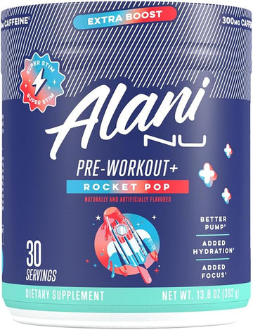Alani Nu Pre Workout+ Powder Rocket Pop, Extra Boost, Sugar Free, 300Mg Caffeine, L-Theanine, Beta-Alanine, Citrulline, 30 Servings