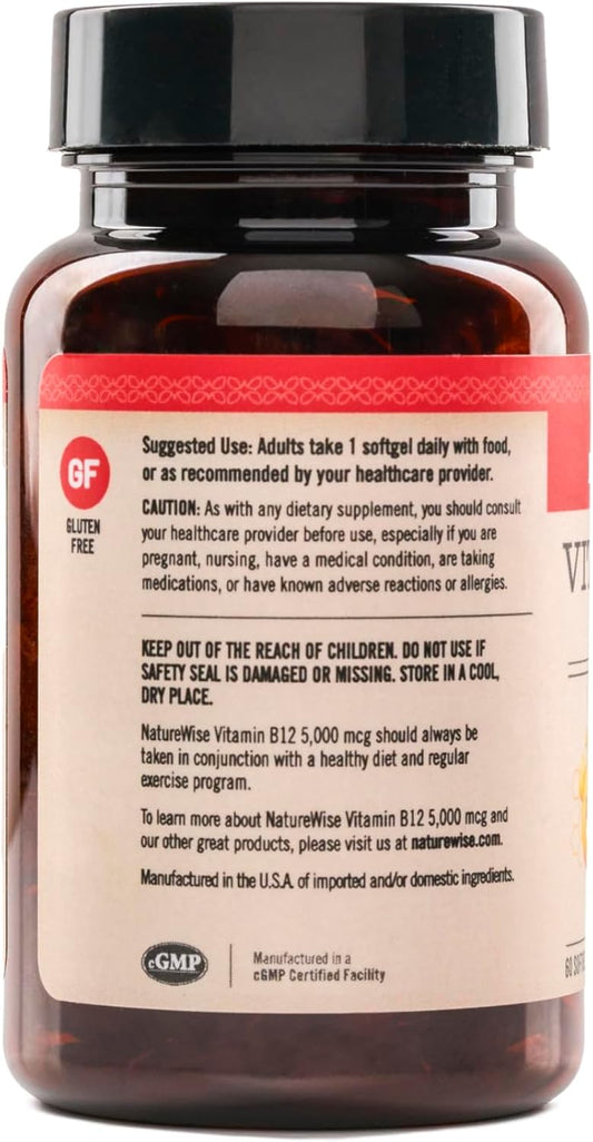 Naturewise Vitamin B12 5000 Mcg - Extra Strength - Supplement For Supporting Energy Levels, Mental Clarity, Nervous System Health - Easy-To-Swallow, Soy And Gluten-Free, Non-Gmo - 60 Softgels
