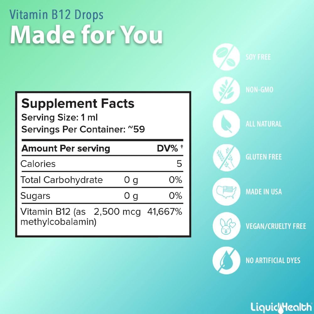 Liquidhealth Vitamin B12 Methylcobalamin Liquid Drops With Sublingual Hydroxocobalamin - Boost Energy, Support Immune System, Improve Memory & Concentration - Made In The Usa, Vegan, Non-Gmo (2 Oz) : Health & Household