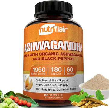 Nutriflair Organic Ashwagandha Root Extract 1950Mg, 180 Capsules - With Organic Black Pepper - Stress And Mood Support - Powerful Adaptogenic Benefits And Overall Health - Made In Usa