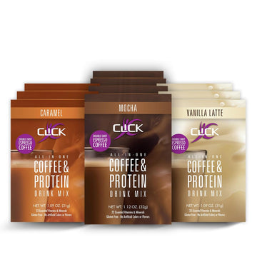 Click Coffee Protein Powder Packets, High Protein, Double Shot Espresso (150Mg Caffeine), 23 Essential Vitamins, Low Calorie Meal Replacement, Variety Flavors