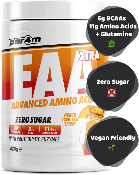 Per4M Eaa Xtra/Amino Xtra | 30 Servings Of Full Spectrum Eaa With Proteolytic Enzymes | Vegan Friendly | Zero Sugar Amino Acid (Peach Iced Tea, 420G)