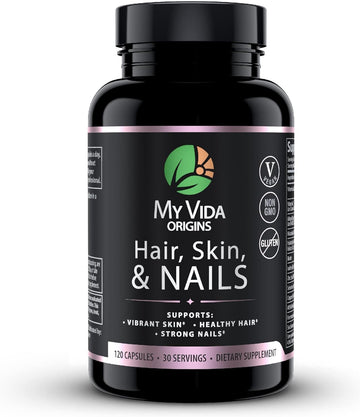 My Vida Origins Hair Skin And Nails | Thicker Hair, Stronger Nails, Vibrant Skin | Supports Natural Beauty | Zinc, Biotin, Vitamin E | Vegan 120 Capsules 1 Month Supply