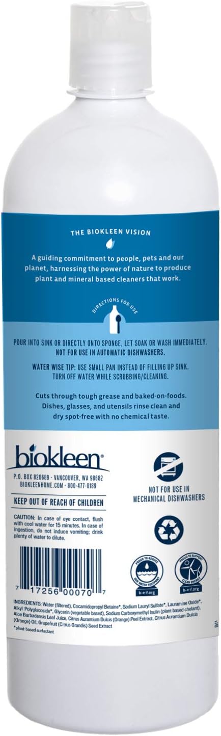 Biokleen Dish Liquid Soap, Dishwashing, Hand Moisturizing, Eco-Friendly, Non-Toxic, Plant-Based, No Artificial Fragrance, Colors Or Preservatives, Citrus & Aloe, 32 Ounces (Pack Of 12)