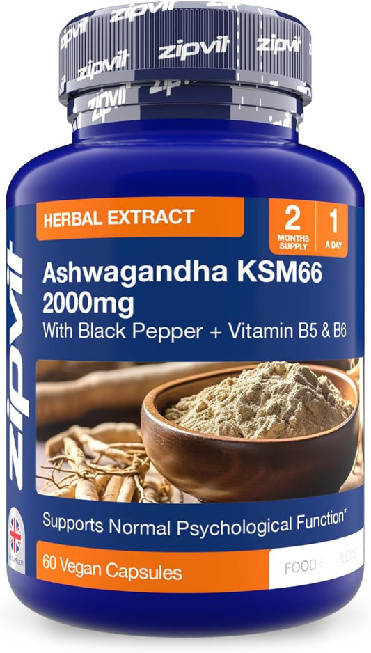 Zipvit Ashwagandha Ksm 66 2000 Mg With Vitamin B6, B5 & Black Pepper, High Strength Ashwagandha Root Extract, 60 Vegan Capsules, 2 Months Supply