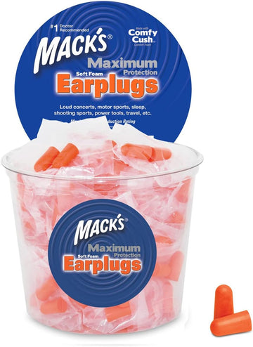 Macks Maximum Protection Soft Foam Earplugs, 100 Pair Tub, 33 Db Highest Nrr  Comfortable Ear Plugs For Sleeping, Snoring, Loud Concerts, Motorcycles And Power Tools | Made In Usa
