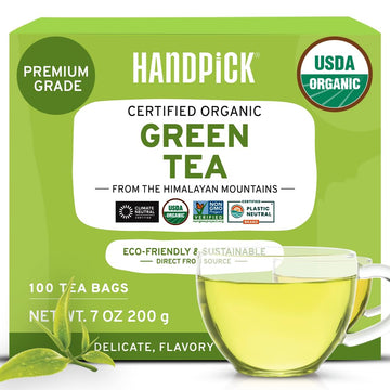 Handpick, Organic Green Tea Bags - 100 Eco-Friendly Tea Bags | Usda Organic | Resealable Pack For Freshness | Delicate & Flavory | Direct From India