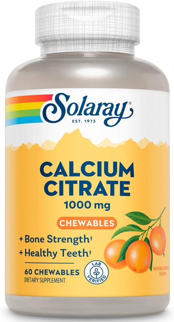 Solaray Calcium Citrate 1000 Mg, Natural Orange Flavor Chelated Calcium Supplement For Bone Strength, Teeth, Nerve, Muscle, And Heart Function Support, 60-Day Guarantee, 15 Servings, 60 Chewables