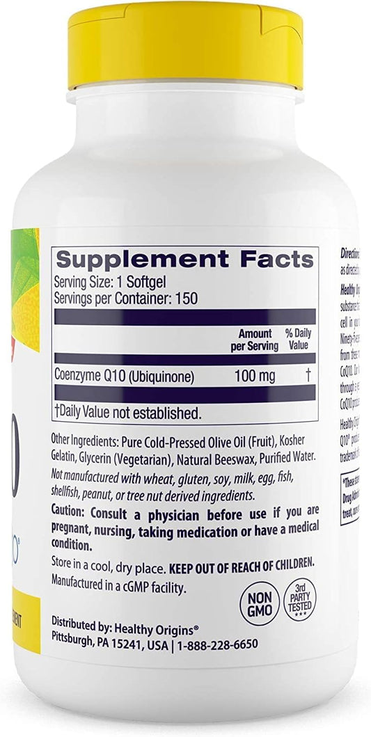Healthy Origins Coq10 (Kaneka Q10) 100Mg Softgels - Heart Health & Energy Supplement - Gluten Free - Non-Gmo - 150 Softgels