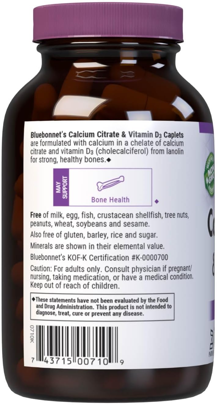 Bluebonnet Nutrition Calcium Citrate & Vitamin D3, Bone Health*, Non-Gmo, Kosher Parve, Gluten-Free, Soy-Free, 90 Caplets, 22.5 Servings