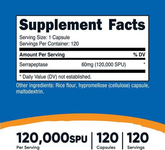 Nutricost Serrapeptase 120,000 Spu, 120 Capsules - Gluten Free, Non-Gmo, And Vegetarian Friendly