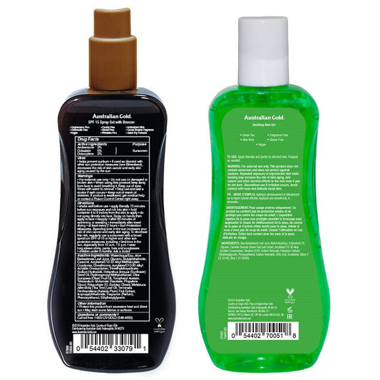 Australian Gold Sunscreen Gel Spray With Bronzer + Soothing After Sun Aloe Vera Gel, Hydrating Sunburn Relief & Broad Spectrum Uva/Uvb Spf 30 Sunscreen Spray, Cruelty-Free & Vegan Skin Care Set