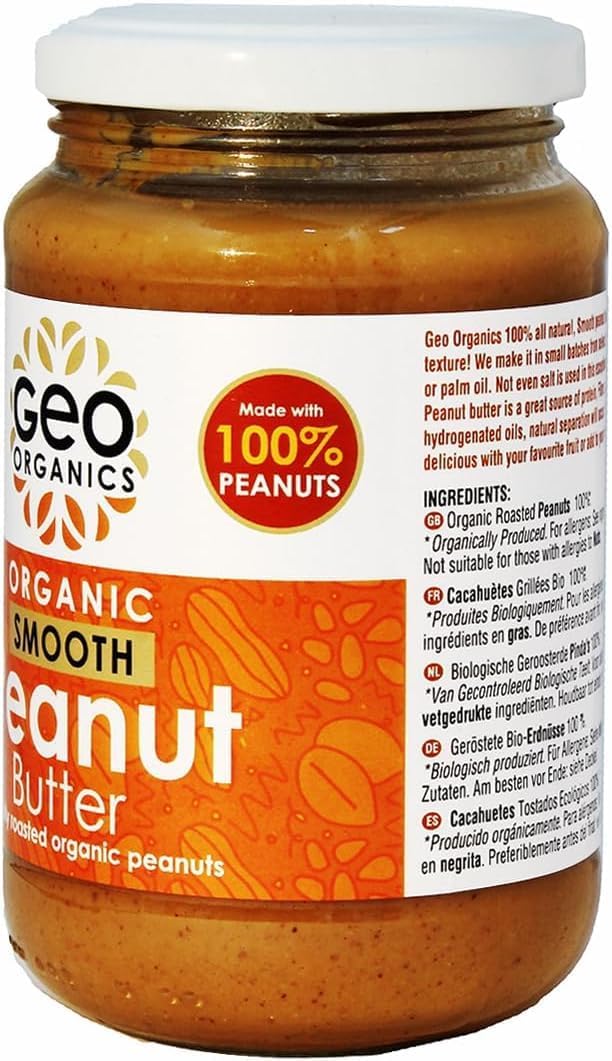 Geo Organics Smooth Peanut Butter 350g Jar (6pk) -Made with 100% Organic Roasted Peanuts -Natural, No Palm Oil, No Added Sugar, No Salt, Hi-Oleic Peanuts, High Protein, Gluten Free, Vegan, Dairy Free : Amazon.co.uk: Grocery