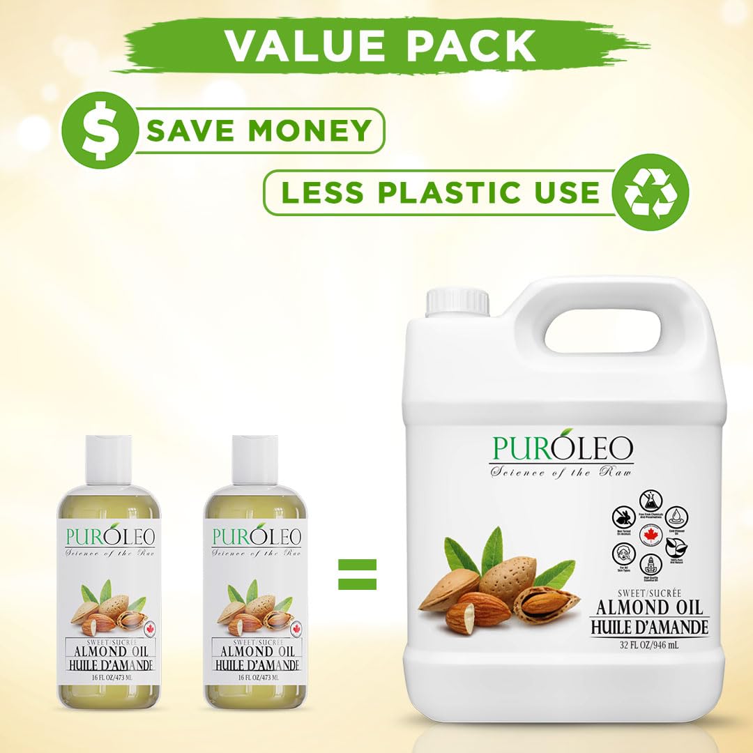 Puroleo Sweet Almond Oil 32 Fl Oz/946 Ml 100% Natural And Pure | Moisturizer & Carrier Oil | Beauty & Diy Blends, Massage Oil, Body Oil, Hair Oil And Baby Oil | Made From Almonds Raw : Beauty & Personal Care