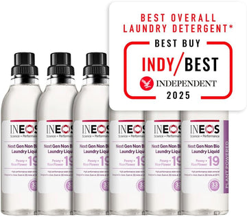 Ineos Next-Gen Non Bio Laundry Washing Liquid Detergent, 198 Washes (6 X 1L), High Performance Stain Remover For Clothes, Plant Powered, For Sensitive Skin, Peony + Rice Milk, Packaging May Vary