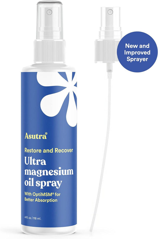 ASUTRA Ultra Topical Magnesium Oil Spray with OptiMSM, 4 Fl Oz | Rapid Absorption | Odorless and Non-Greasy