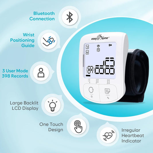 Automatic Wrist Blood Pressure Monitor: Easy@Home Bluetooth Smart Large Cuff Bp Machine | Digital Sphygmomanometer| Heart Positioning Indicator | Ios & Android App | Ebp-085