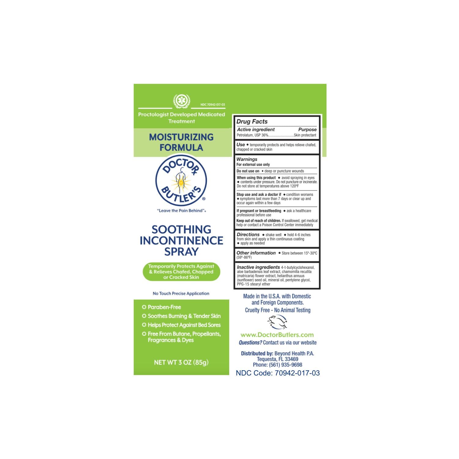 Doctor Butler’S Soothing Incontinence Spray - Barrier Spray For Incontinence With Touchless Application To Help Protect Sensitive Irritated Skin Caused By Adult Incontinence (3 Oz) : Health & Household