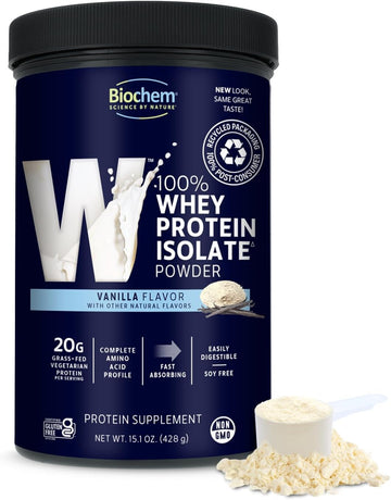 Biochem 100% Whey Isolate Protein - Vanilla Flavor - 15.1 Ounce - Supports Immune Health - Easily Digestible - Refreshing Taste - 20G Vegetarian Protein - Amino Acids