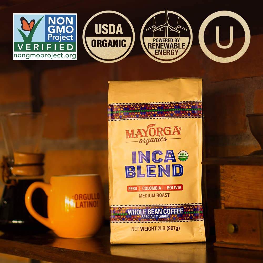Mayorga Organic Coffee 2Lb Inca Blend - Medium Roast Whole Bean Coffee Specialty Grade, 100% Arabica, Slow Roasted, Chocolate And Honey Flavor With Low Acidity - Usda Organic, Non-Gmo, Kosher
