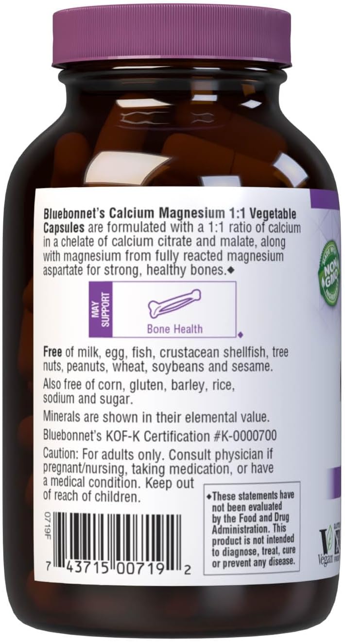 Bluebonnet Calcium Magnesium 1:1 Ratio Vegetarian Capsules, 90 Count