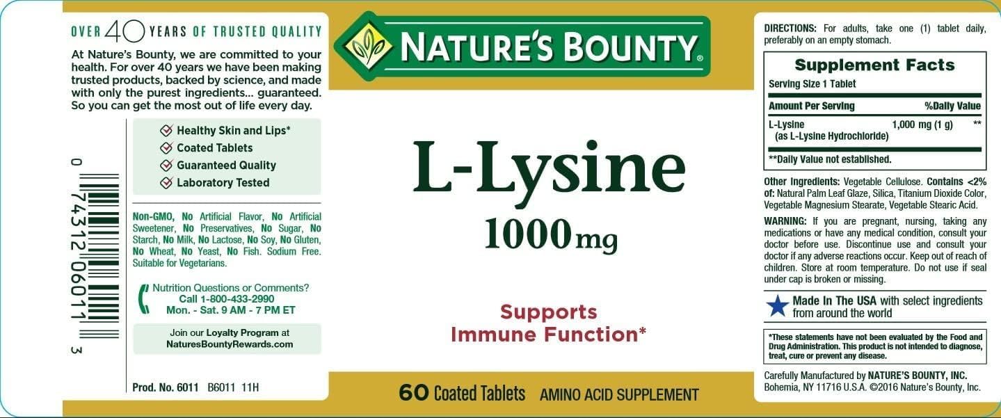 Nature's Bounty L-Lysine 1000 mg Tablets 60 Count(Pack of 4) : Health & Household