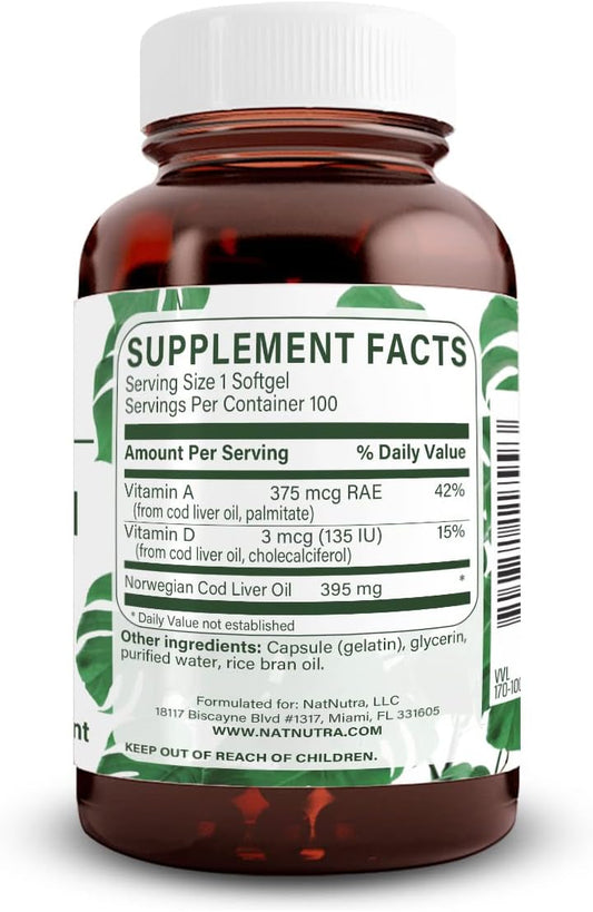 Natural Nutra Norwegian Cod Liver Oil Supplement, Helps to Maintain Skin, Body Density, Eye Health, Promotes Dental Health, Supports Cardiovascular Health, 100 Softgels