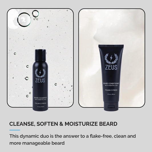 Zeus Italian Cypress Beard Shampoo Wash & Beard Conditioner Set With Essential Oils For Men (Made In Usa)