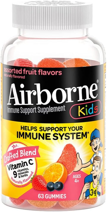 Airborne Kids 500Mg Vitamin C Gummies, Kids Immune Support Zinc Gummies With Powerful Antioxidants Vit C & E - 63 , Assorted Fruit Flavor