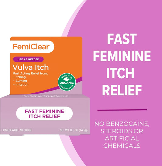 Femiclear Vaginal Itch Relief | Fast Feminine Itch Relief | Made With All-Natural & Organic Ingredients | Feminine Hygiene Products | Vaginal Health | Relieve External Itch | 0.5Oz Tube
