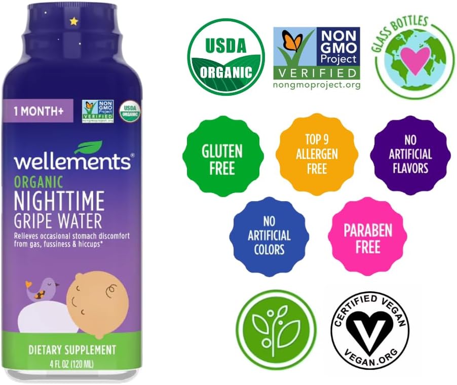 Wellements Organic Nighttime Gripe Water | Bedtime Relief for Baby Gas, Colic & Fussiness | Sleepy Time Herbs Promote a Peaceful Night’s Sleep | USDA Certified Organic & Non GMO | 1 Month +, 4 Fl Oz. : Baby