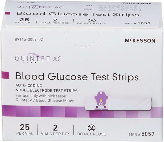 Mckesson Quintet Ac Blood Glucose Test Strips - Auto Coding, Noble Electrode Strips, For Self-Testing And Point-Of-Care Testing Of Whole Blood Glucose, 50 Strips, 1 Pack