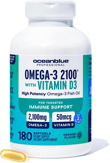Oceanblue Professional Omega-3 2100 With Vitamin D3 – 180 Ct – Triple Strength Burpless Fish Oil Supplement With High-Potency Epa, Dha, Dpa – Wild-Caught – Orange Flavor (90 Servings)