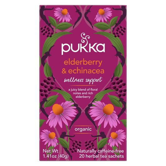 Pukka Organic Elderberry & Echinacea Herbal Tea For Wellness Support, Caffeine Free, 80 Total Tea Bags (20Ct - Pack Of 4)