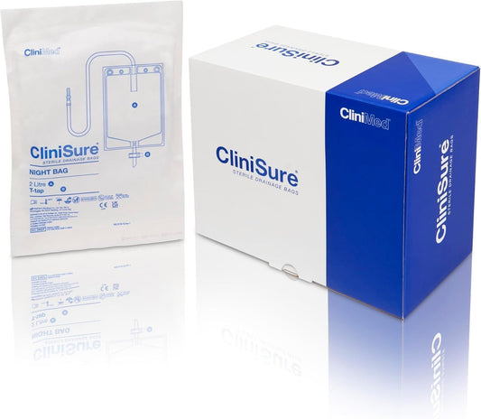 Clinisure 2L Sterile Night Urine Drainage Bags (10 Pack) - Secure Universal Ridged Connector, Leak-Free Non-Return Valve - Compatible With Indwelling & Intermittent Catheters, Soft Tubing With T Tap