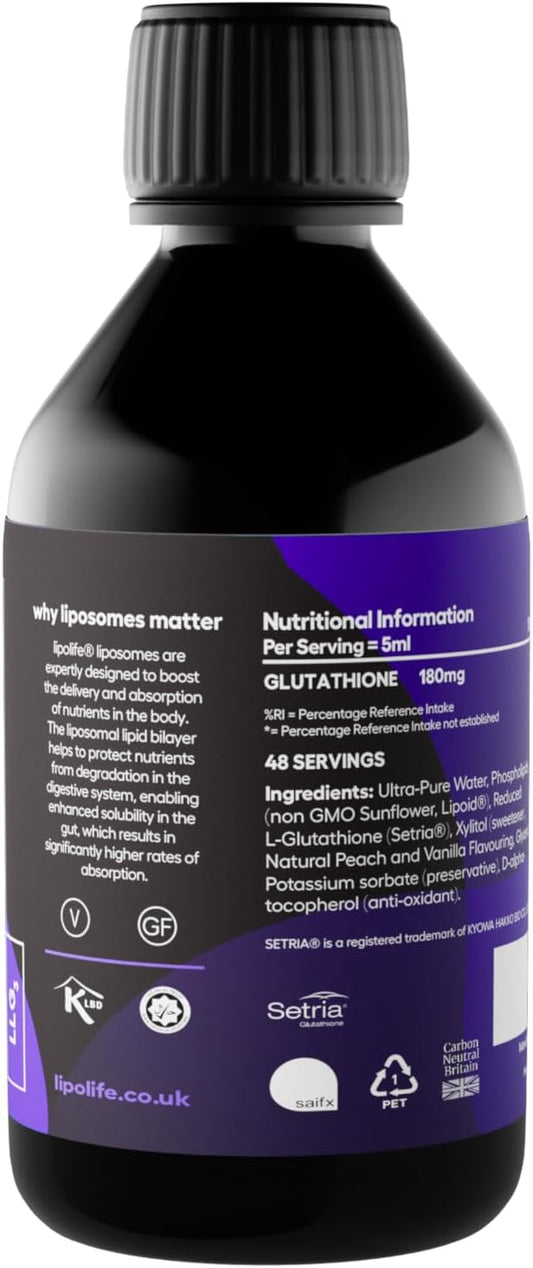 Lipolife Liposomal Glutathione | Setria Glutathione | Highly Absorbable | Liquid Liposomal Glutathione | Made In Uk | Vegan | 48 Servings | Peach & Vanilla Flavour | Llg3 | Glutathione Supplement