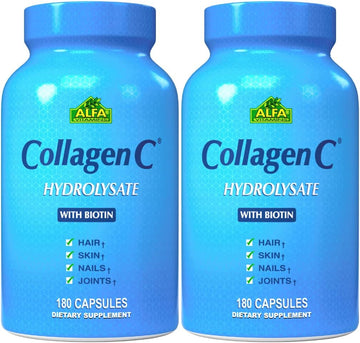 Alfa Vitamins Collagenc - Collagen Hydrolysate Capsules Anti-Aging Nutritional Supplement For - Skin, Nails & Hair Rejuvenation - Supports Bone & Muscle Health - 180 Capsules - 2 Pack