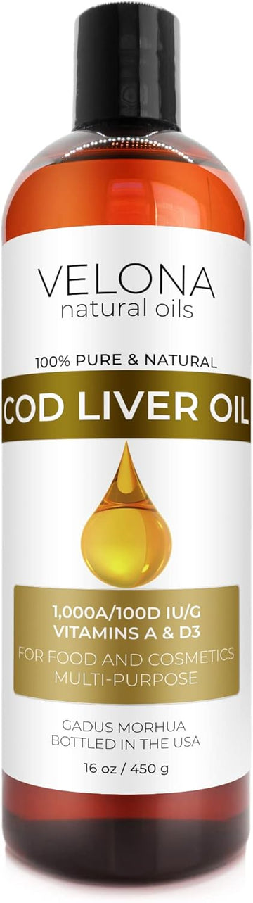 velona Cod Liver Oil - 16 oz | 1,000A/100D IU/g Omega 3 Vitamins A & D3 | Norwegian Arctic Sustainably Sourced Nordic Oil | Hair, Body and Skin Care | Use Today - Enjoy Results