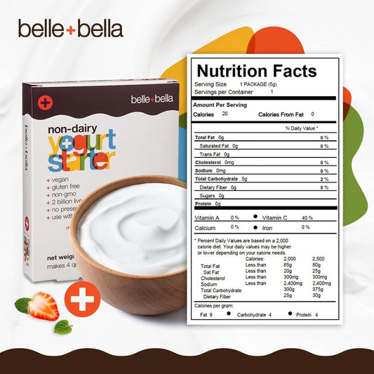 Belle + Bella Non-Dairy Vegan Yogurt Starter - Gluten Free, No Added Sugar, Non Gmo - Makes 4 Quarts Vegan Yogurt - 2 Billion Live Cultures - Mix With Any Dairy Free Or Dairy Milk - 1 Box
