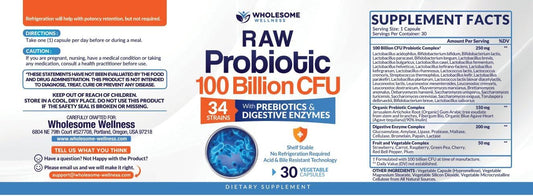Wholesome Wellness Organic Raw Probiotics 100 Billion Cfu, Dr Formulated For Women And Men, Complete Adult Supplement With Prebiotics And Digestive Enzymes; 30 Capsules, Shelf Stable