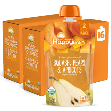 Happy Baby Organics Stage 2 Baby Food Pouches, Gluten Free, Vegan & Healthy Snack, Clearly Crafted Fruit Puree, Squash, Pears & Apricots, 4 Ounces (Pack Of 16)