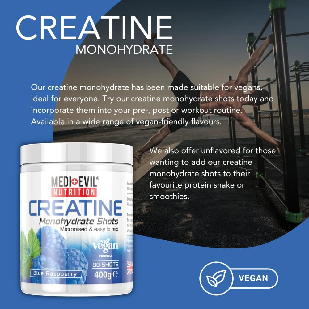 Medi-Evil Nutrition Creatine Monohydrate Shots Powder Vegan Friendly, Green Apple Flavour, 400g, 80 Servings, Micronised for Easy Mixing (Pack of 1 Tub) : Amazon.co.uk: Health & Personal Care
