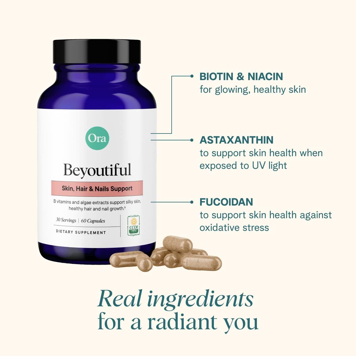 Ora Organic Hair, Skin, and Nails Support- BeYouTiful - Beauty Supplement with B Vitamins and Algae Extracts for Healthy Hair and Skin - 60 Vegan Capsules : Health & Household