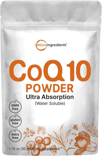 Micro Ingredients Water Soluble Coq10 Supplement (Coq10 200Mg Per Serving In Powder Form), 50 Grams (8 Months Supply), Extra Absorption, Support Heart Health And Energy Production, Vegan Friendly