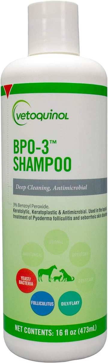 Vetoquinol Bpo-3 Shampoo For Dogs, Cats & Horses (3% Benzoyl Peroxide) – 16Oz – Deep Cleaning, Medicated Shampoo Opens & Flushes Hair Follicles – Degreases Oily Coats – Soothes Red, Flaky, Itchy Skin