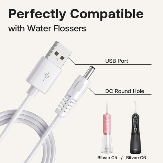 Bitvae Replacement Charger Cable, Fits D2/R1/R2/S2 Electric Toothbrush, C2/C5/C6 Water Dental Flosser, Usb Dc Charging Cord, White