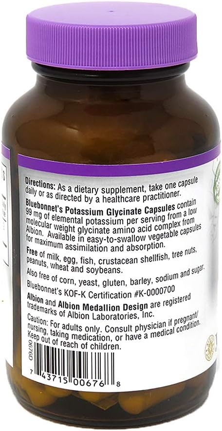 Bluebonnet Albion Potassium Glycinate Vegetarian Capsules, 99 Mg, 90 Count